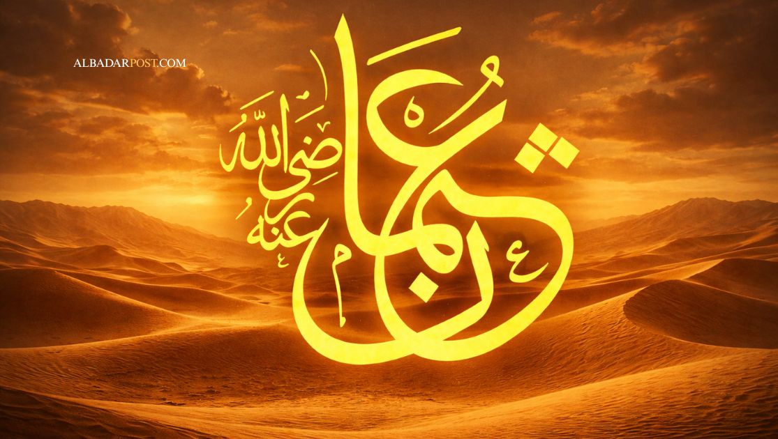 Ilustrasi siluet Utsman bin Affan, khalifah ketiga Khulafaur Rasyidin, simbol kedermawanan dan penyatu mushaf Al-Qur’an.