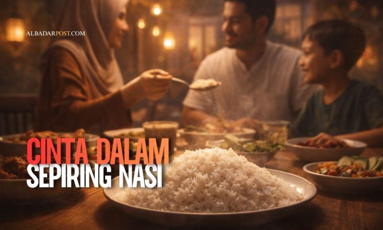 Ilustrasi sepiring nasi hangat di meja makan keluarga sebagai simbol cinta dalam sepiring nasi untuk suami dan anak.