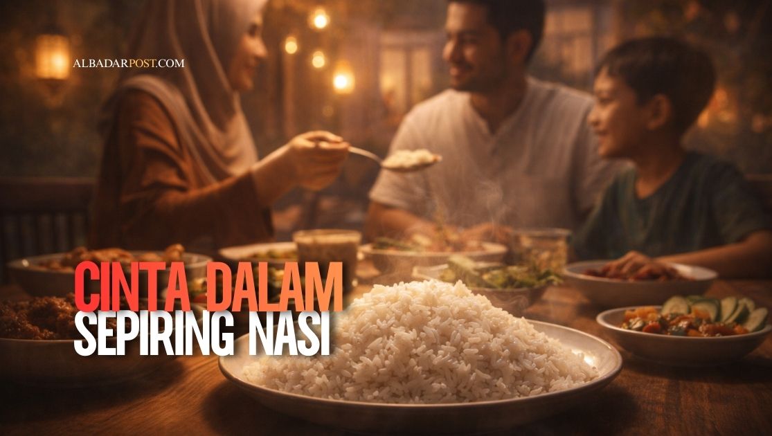 Ilustrasi sepiring nasi hangat di meja makan keluarga sebagai simbol cinta dalam sepiring nasi untuk suami dan anak.
