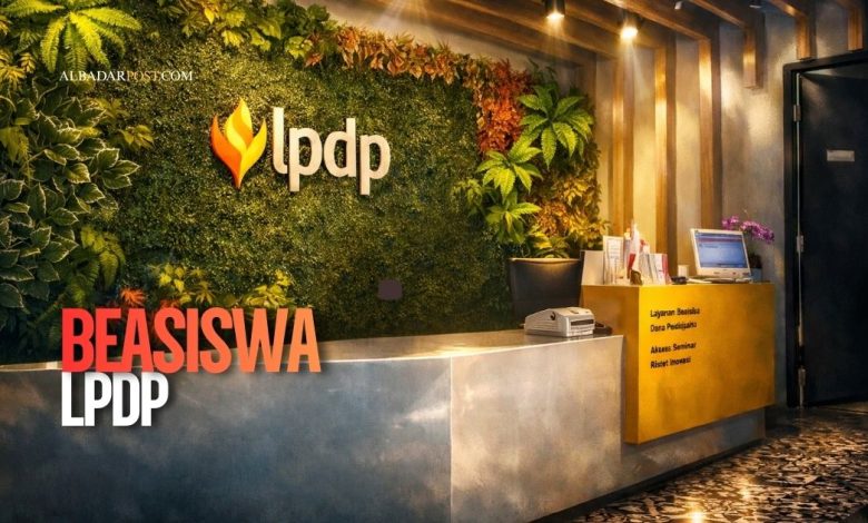 Ilustrasi mahasiswa penerima beasiswa LPDP dengan latar bendera Indonesia dan dokumen kontrak kewajiban penerima beasiswa.