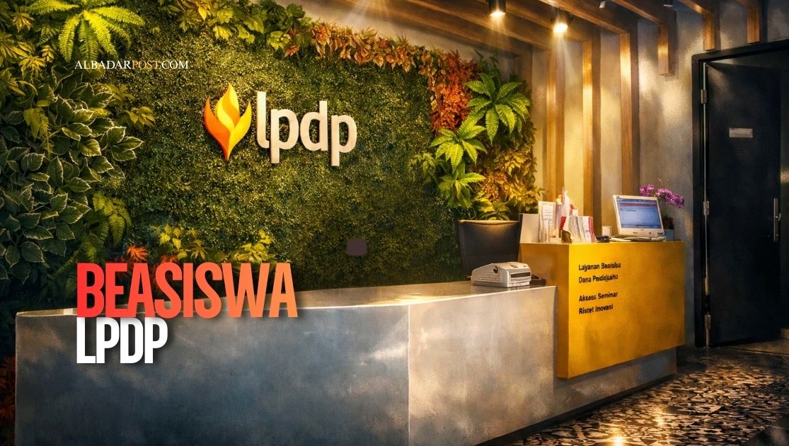 Ilustrasi mahasiswa penerima beasiswa LPDP dengan latar bendera Indonesia dan dokumen kontrak kewajiban penerima beasiswa.