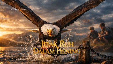 Ilustrasi burung elang terbang tinggi lalu turun menyambar daging dan terjebak perangkap sebagai simbol manusia yang kehilangan bebas merdeka karena nafsu dunia.