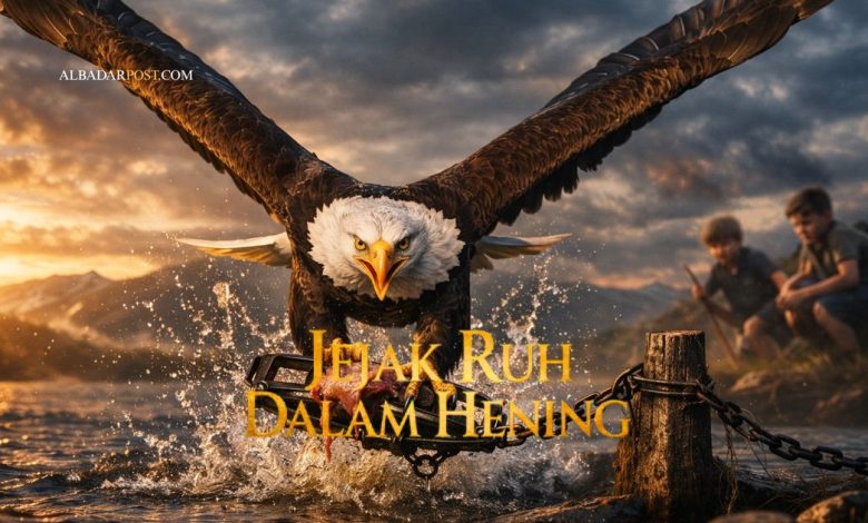 Ilustrasi burung elang terbang tinggi lalu turun menyambar daging dan terjebak perangkap sebagai simbol manusia yang kehilangan bebas merdeka karena nafsu dunia.