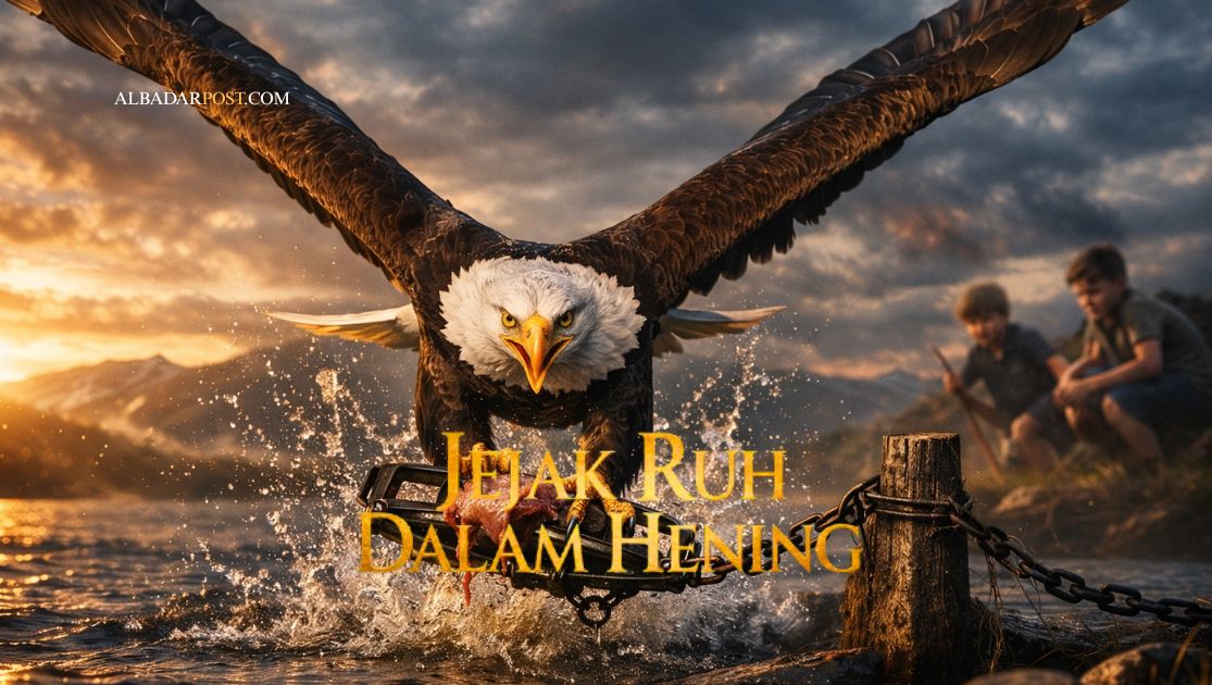 Ilustrasi burung elang terbang tinggi lalu turun menyambar daging dan terjebak perangkap sebagai simbol manusia yang kehilangan bebas merdeka karena nafsu dunia.