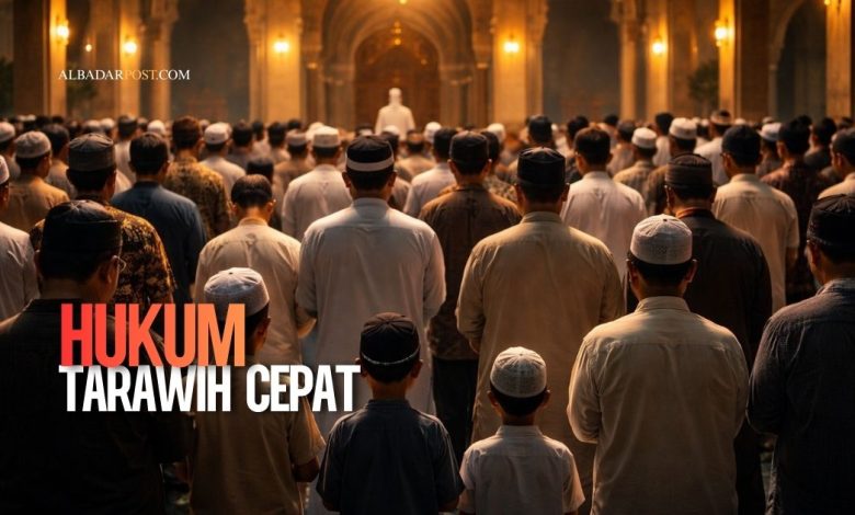 Fenomena salat Tarawih cepat di masjid saat Ramadan dengan jamaah berdiri rapat mengikuti imam.