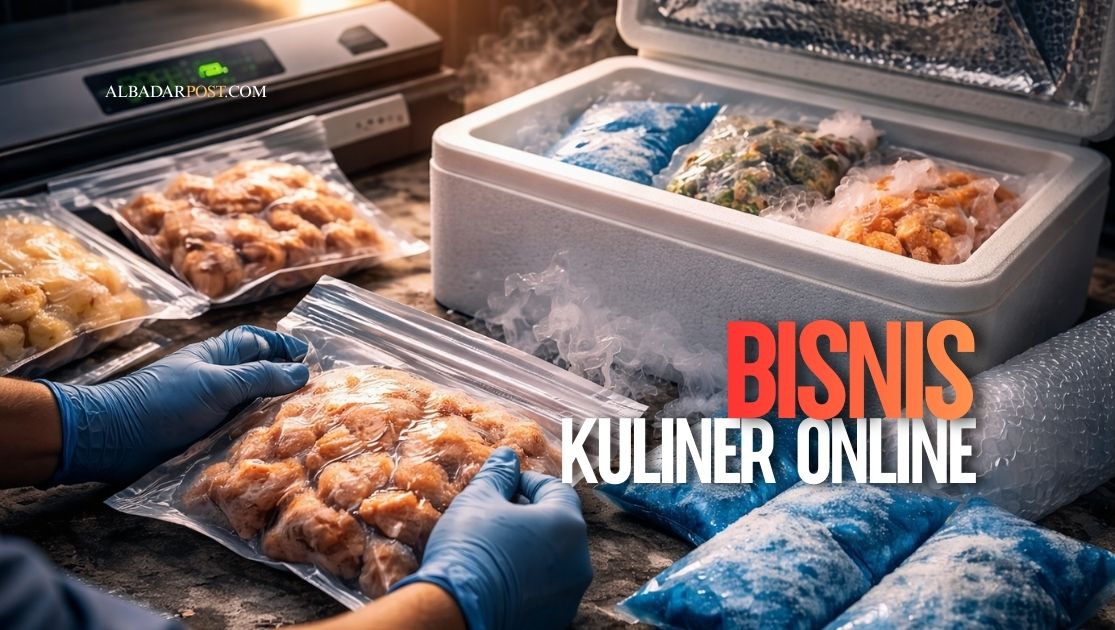 Proses packaging frozen food menggunakan vacuum sealer, ice gel, dan insulated box untuk pengiriman jarak jauh.