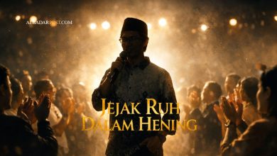 Ilustrasi seseorang berdiri di panggung mengejar popularitas sementara bayangan dirinya tertunduk dalam kerendahan hati