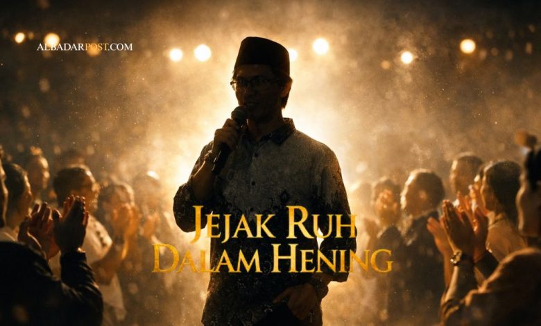 Ilustrasi seseorang berdiri di panggung mengejar popularitas sementara bayangan dirinya tertunduk dalam kerendahan hati