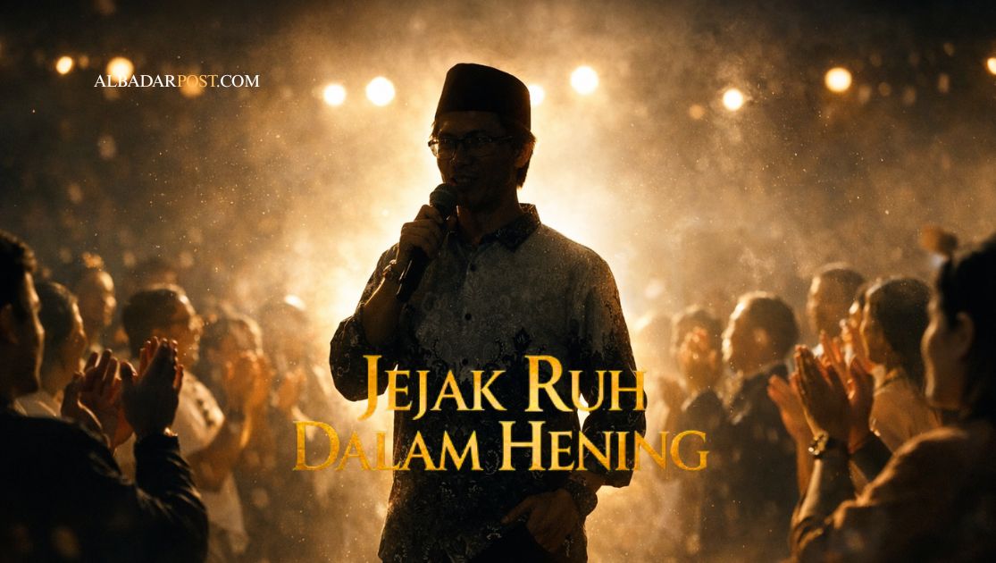 Ilustrasi seseorang berdiri di panggung mengejar popularitas sementara bayangan dirinya tertunduk dalam kerendahan hati