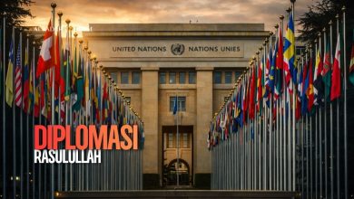 Ilustrasi siluet Rasulullah memimpin perundingan damai di bulan Ramadhan dengan suasana tenang dan penuh cahaya