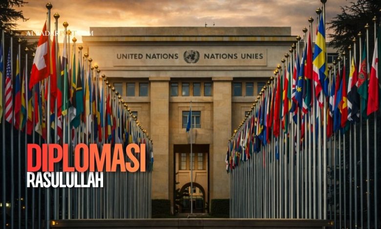 Ilustrasi siluet Rasulullah memimpin perundingan damai di bulan Ramadhan dengan suasana tenang dan penuh cahaya