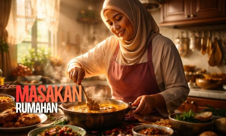 Masakan ibu di dapur rumah dengan hidangan sederhana yang hangat dan penuh makna keluarga.