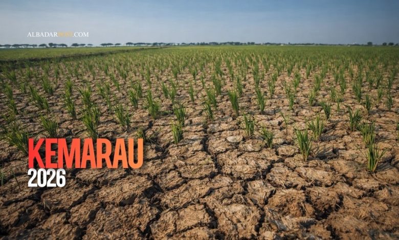 Ilustrasi lahan kering retak saat musim kemarau 2026 dengan latar langit cerah dan suhu panas ekstrem.