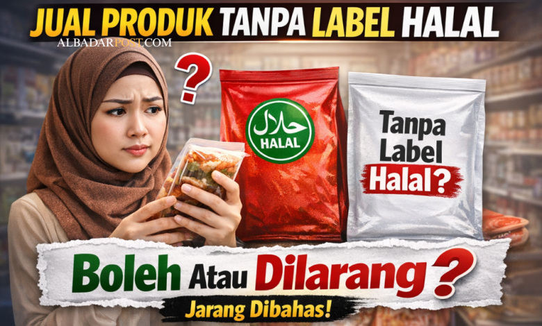 ilustrasi pedagang menjual produk tanpa label halal di toko modern dengan konsumen muslim