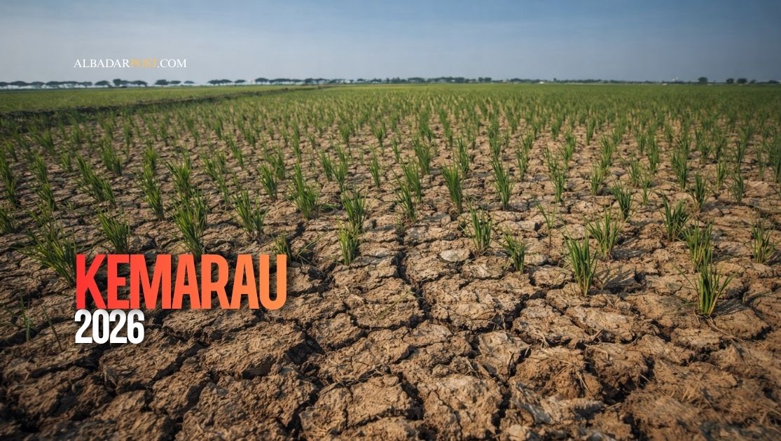 Ilustrasi lahan kering retak saat musim kemarau 2026 dengan latar langit cerah dan suhu panas ekstrem.