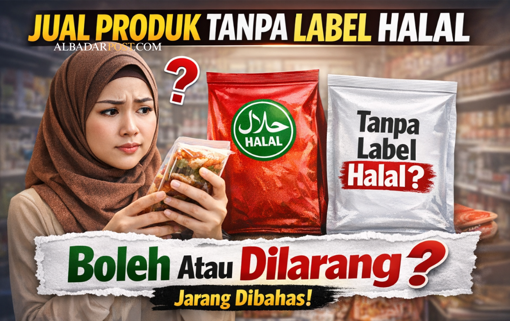 ilustrasi pedagang menjual produk tanpa label halal di toko modern dengan konsumen muslim