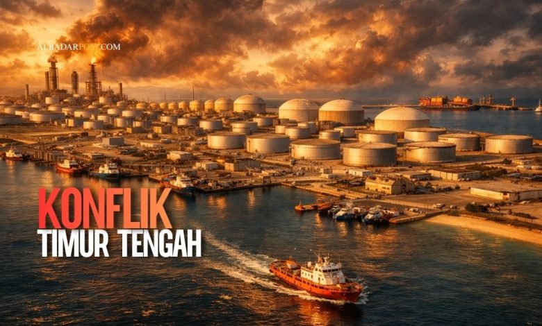 Ilustrasi konflik Timur Tengah dengan latar kilang minyak dan peta kawasan sebagai simbol dampak perang AS Israel Iran terhadap harga minyak global.