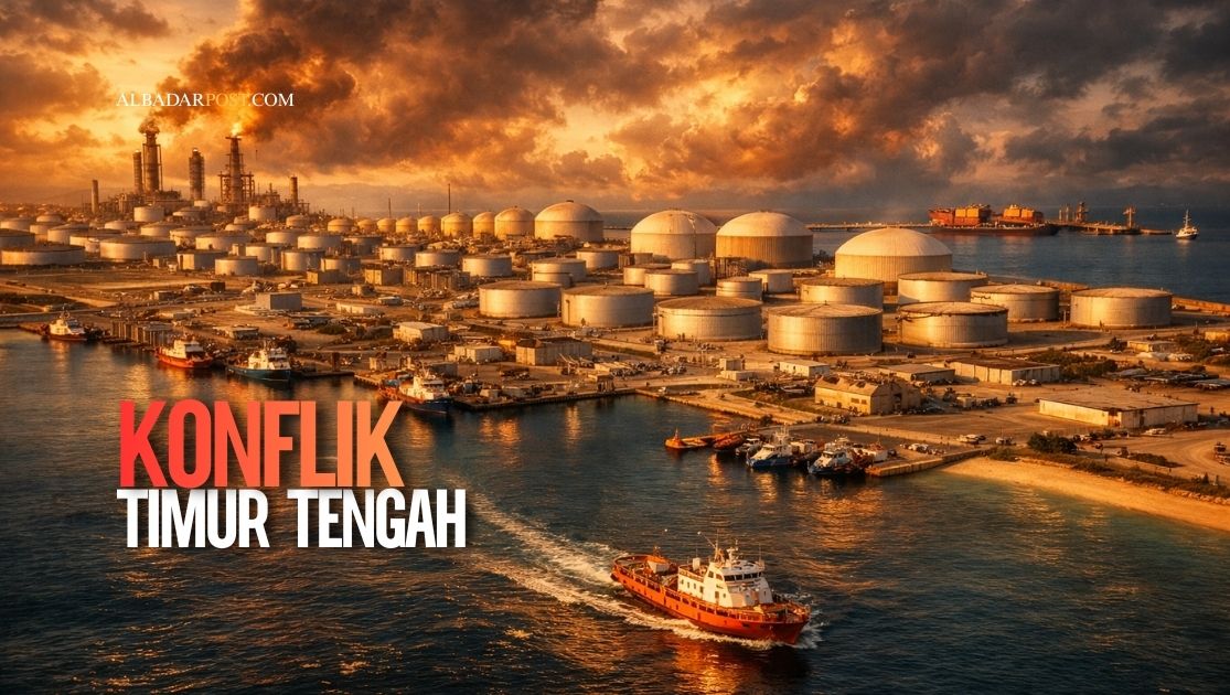 Ilustrasi konflik Timur Tengah dengan latar kilang minyak dan peta kawasan sebagai simbol dampak perang AS Israel Iran terhadap harga minyak global.