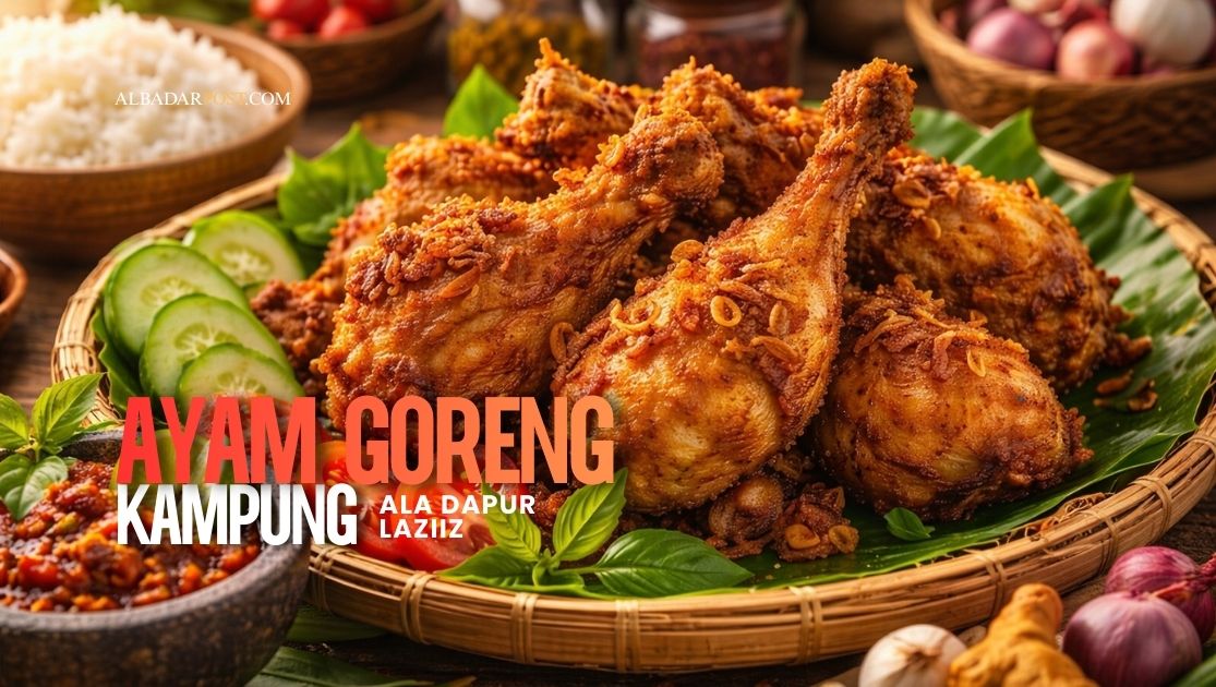 Ayam goreng kampung berbumbu tradisional berwarna keemasan dengan tekstur renyah di luar dan daging lembut di dalam.