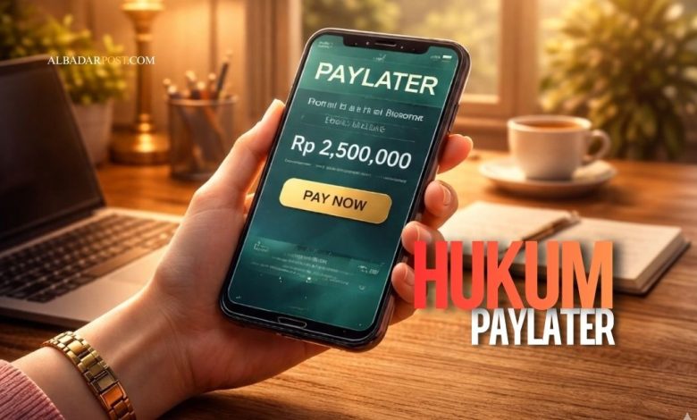 Ilustrasi transaksi paylater melalui ponsel dengan simbol timbangan hukum Islam dan Al-Qur’an di latar belakang.