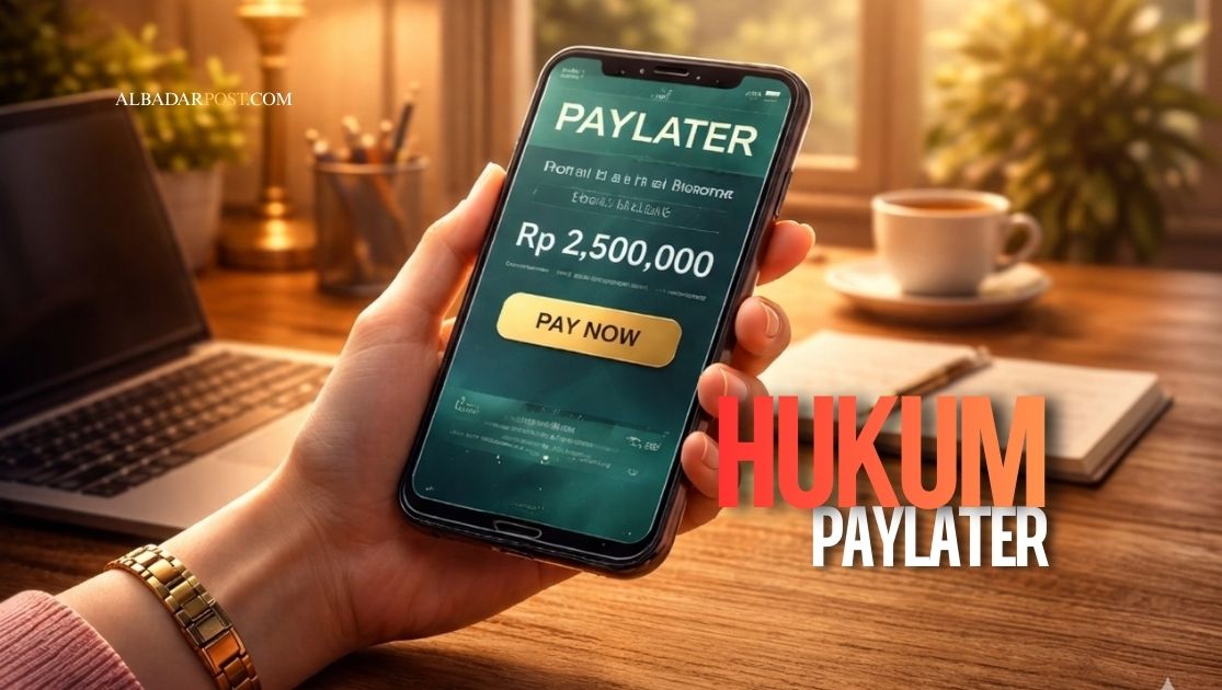 Ilustrasi transaksi paylater melalui ponsel dengan simbol timbangan hukum Islam dan Al-Qur’an di latar belakang.