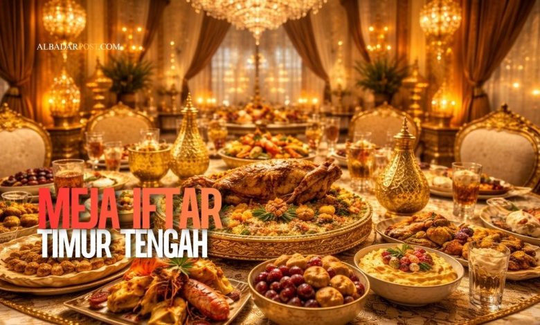 Meja Iftar Timur Tengah paling mewah dengan dekorasi emas, lampu gantung kristal, dan hidangan khas Arab premium.