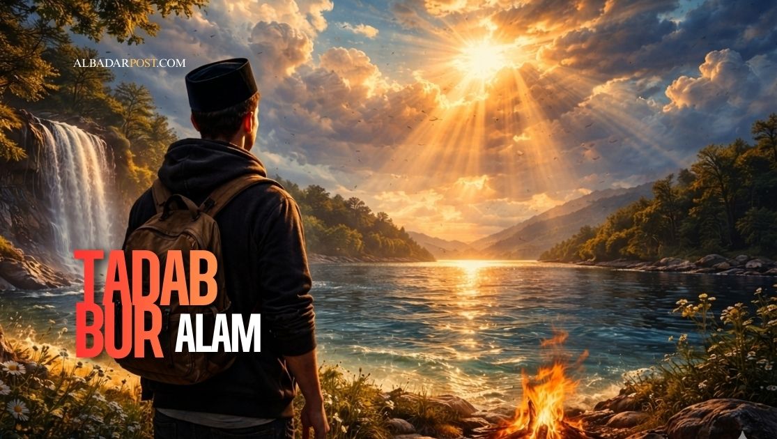 Ilustrasi reflektif tadabbur alam untuk Gen Z dengan latar langit, air, dan cahaya sebagai simbol kekuasaan Allah dalam Surah Al-Waqi’ah.