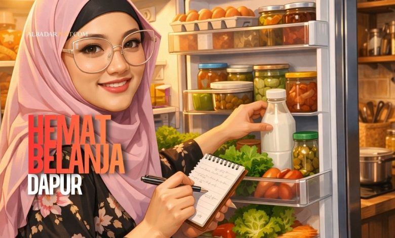 Perempuan memeriksa stok bahan makanan di kulkas untuk menerapkan strategi hemat belanja dapur di dapur yang nyaman dan rapi.