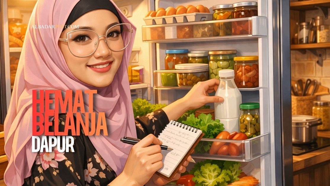 Perempuan memeriksa stok bahan makanan di kulkas untuk menerapkan strategi hemat belanja dapur di dapur yang nyaman dan rapi.