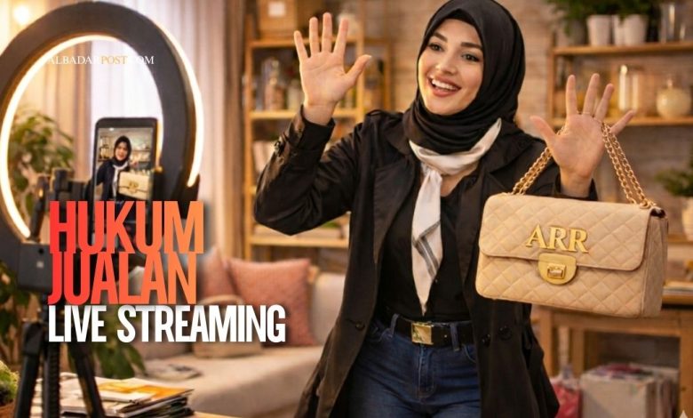 Ilustrasi penjual melakukan jual beli live streaming melalui ponsel dengan menampilkan produk secara langsung kepada pembeli.