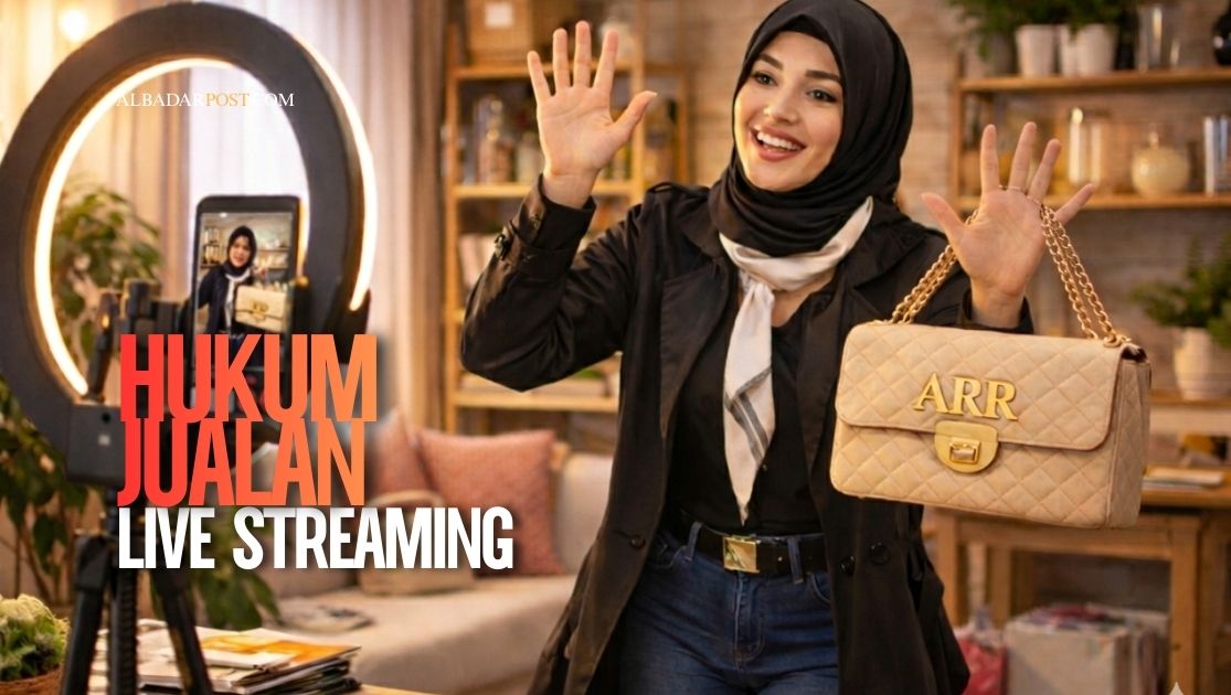Ilustrasi penjual melakukan jual beli live streaming melalui ponsel dengan menampilkan produk secara langsung kepada pembeli.