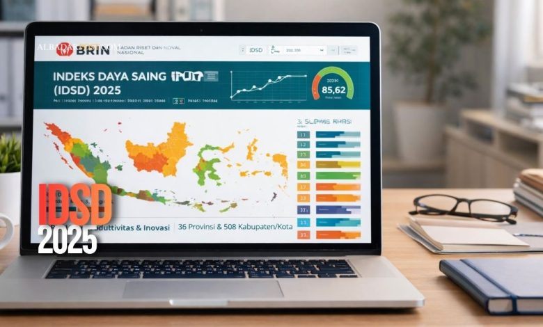 Grafik Indeks Daya Saing Daerah 2025 yang dirilis BRIN untuk mengukur produktivitas dan inovasi 38 provinsi serta 508 kabupaten/kota.