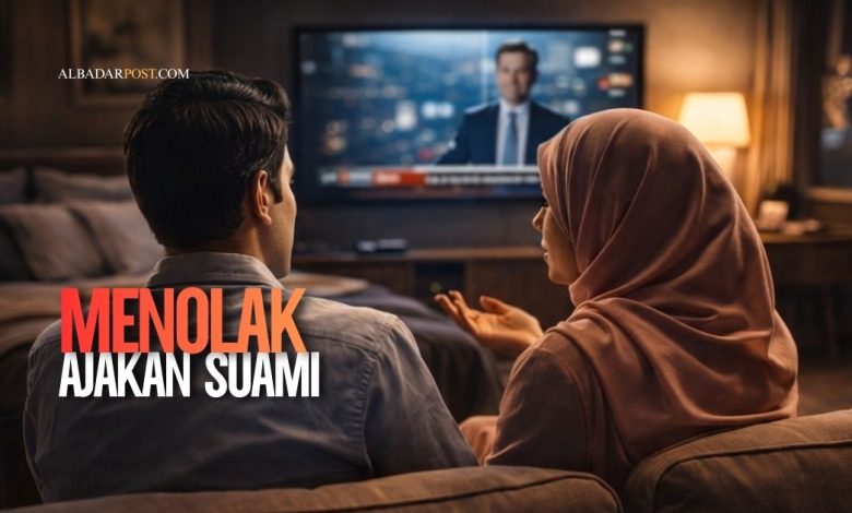 Ilustrasi pasangan suami istri berdiskusi dengan tenang di kamar, menggambarkan komunikasi saat istri menolak hubungan karena lelah.