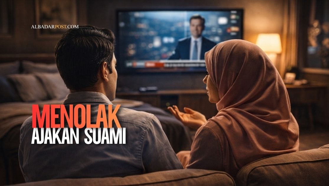 Ilustrasi pasangan suami istri berdiskusi dengan tenang di kamar, menggambarkan komunikasi saat istri menolak hubungan karena lelah.