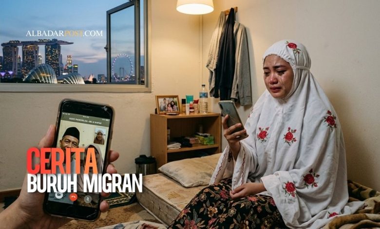 Pekerja migran Indonesia duduk sendiri di kamar luar negeri sambil melakukan panggilan video dengan keluarga di rumah.