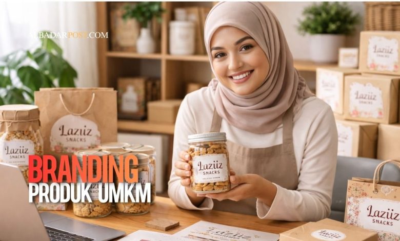 ilustrasi pelaku UMKM mengembangkan branding produk dengan kemasan menarik dan strategi pemasaran modern