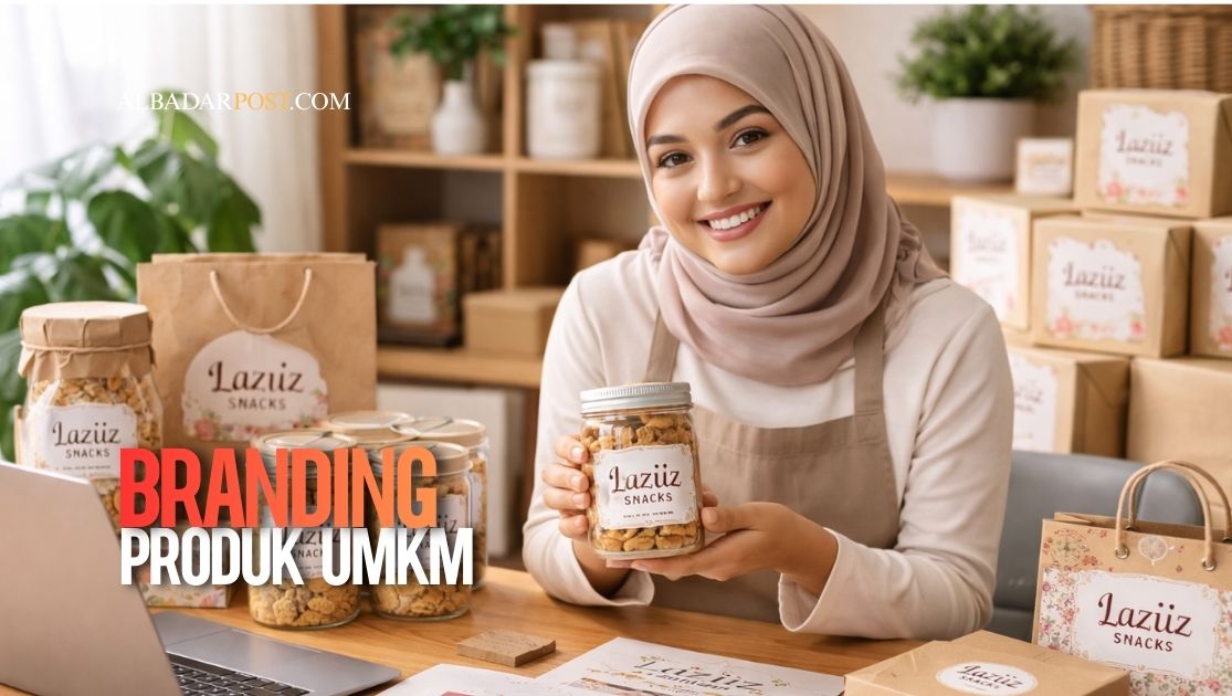 ilustrasi pelaku UMKM mengembangkan branding produk dengan kemasan menarik dan strategi pemasaran modern
