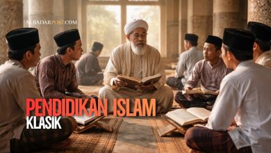 ilustrasi sistem pendidikan islam klasik dengan murid belajar bersama ulama di masjid secara tradisional