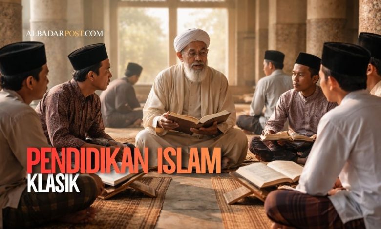 ilustrasi sistem pendidikan islam klasik dengan murid belajar bersama ulama di masjid secara tradisional