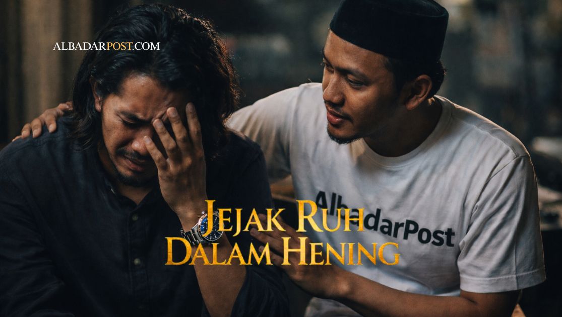 Ilustrasi seorang muslim bersedih lalu ditenangkan sahabat sebagai simbol persaudaraan Islam yang menguatkan