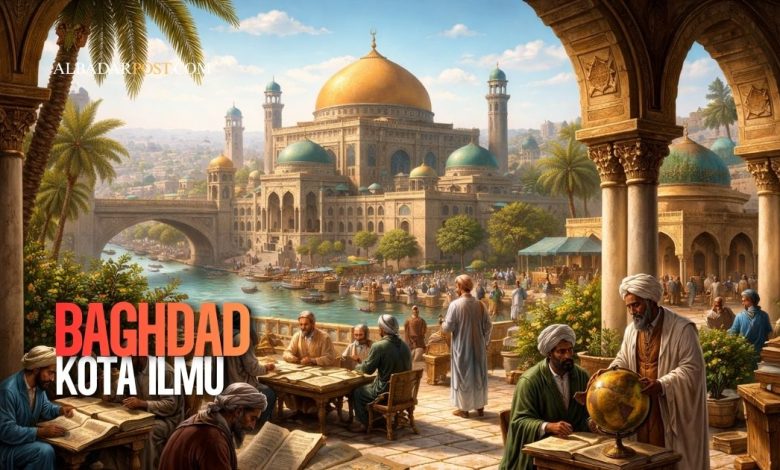 Ilustrasi Baghdad sebagai pusat ilmu pada masa keemasan Islam dengan perpustakaan besar dan ilmuwan berdiskusi