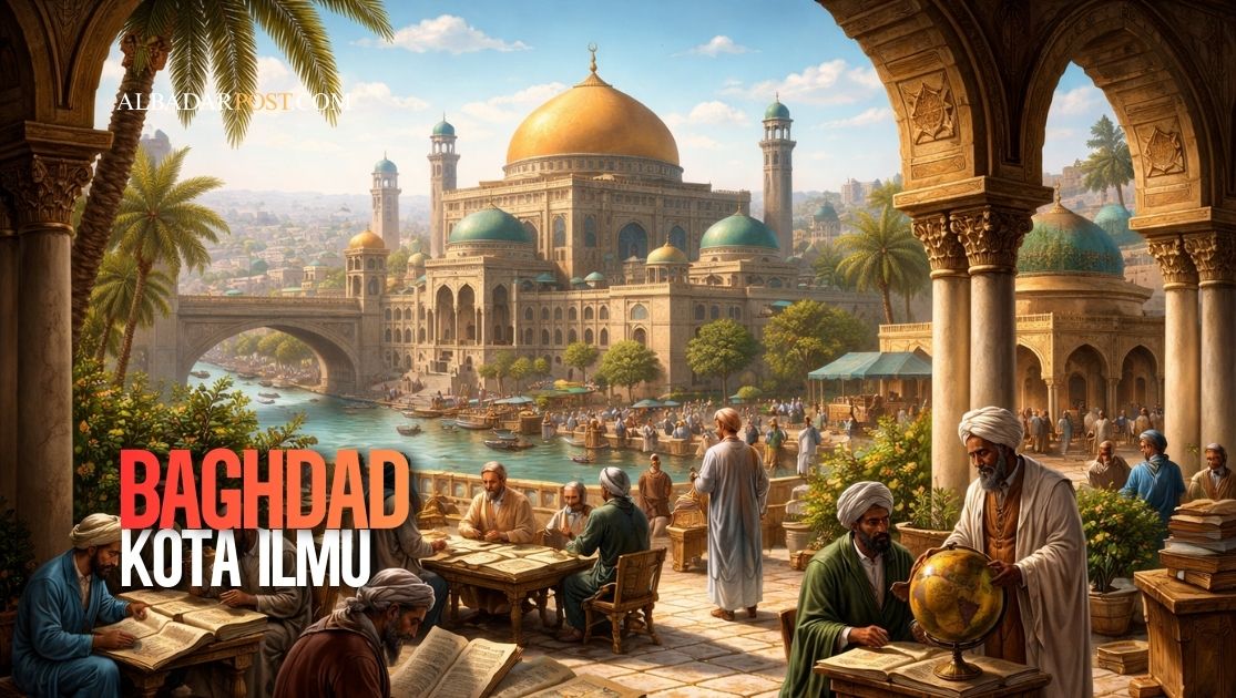 Ilustrasi Baghdad sebagai pusat ilmu pada masa keemasan Islam dengan perpustakaan besar dan ilmuwan berdiskusi