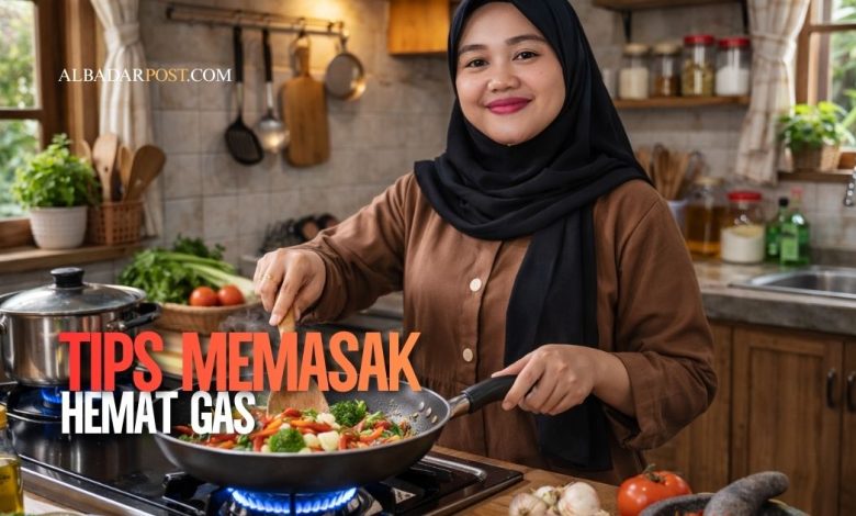 Aktivitas memasak di dapur menggunakan kompor gas dengan api stabil dan teknik hemat energi