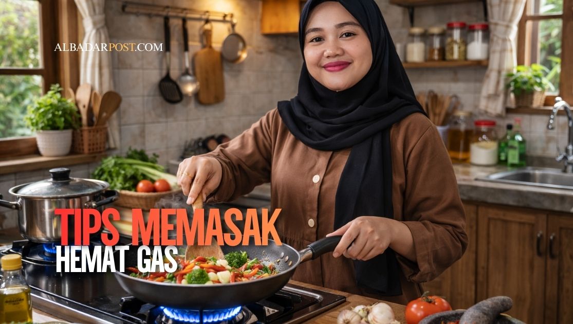 Aktivitas memasak di dapur menggunakan kompor gas dengan api stabil dan teknik hemat energi