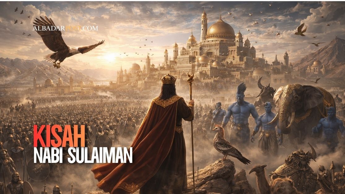 Ilustrasi Nabi Sulaiman memimpin kerajaan besar dengan pasukan manusia, jin, dan hewan dalam suasana megah