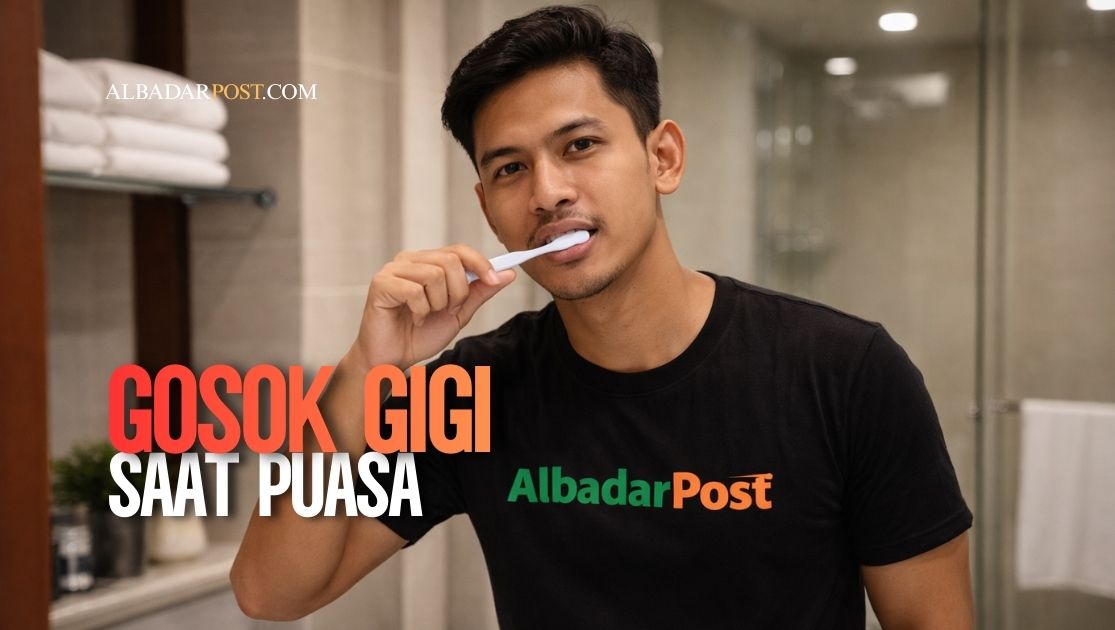 Ilustrasi seseorang menggosok gigi saat puasa dengan ekspresi ragu, edukasi hukum menyikat gigi saat Ramadan