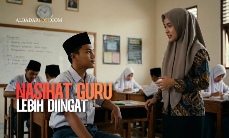 Ilustrasi murid mendengarkan nasihat guru di kelas dengan penuh perhatian