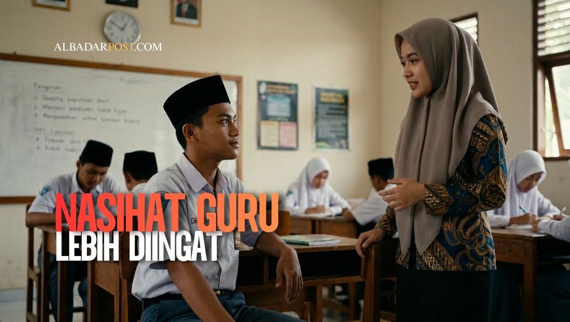 Ilustrasi murid mendengarkan nasihat guru di kelas dengan penuh perhatian