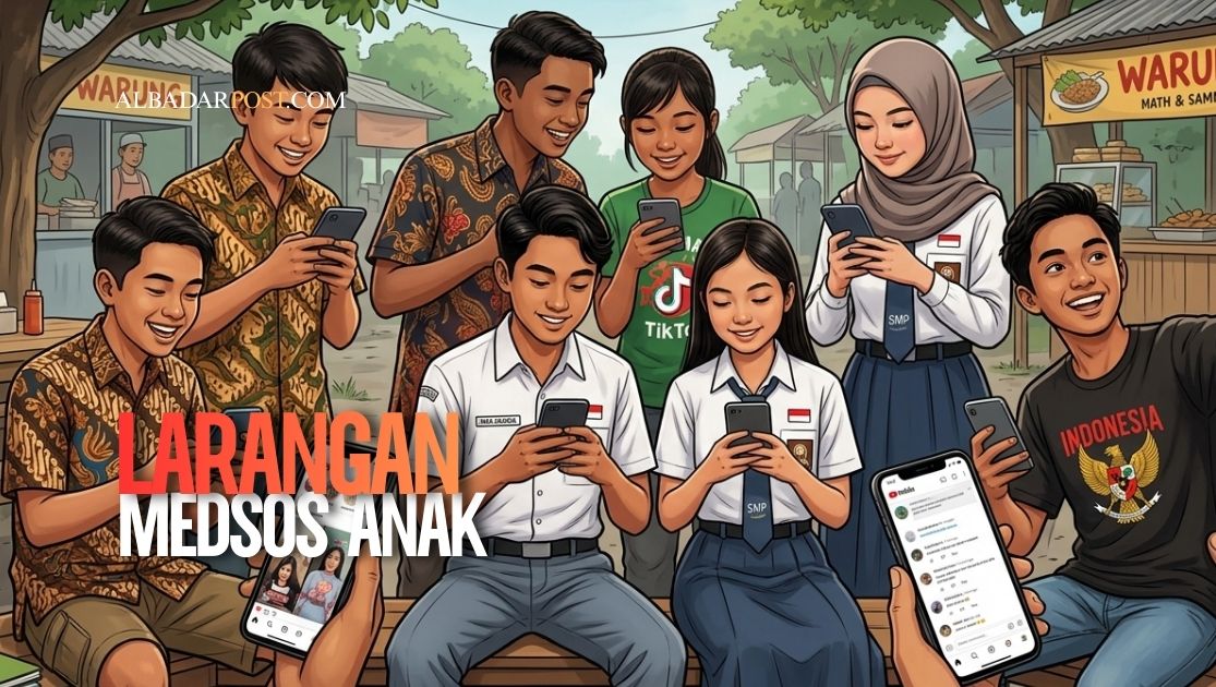 Ilustrasi anak dan remaja Indonesia menggunakan smartphone dengan pembatasan akses media sosial oleh pemerintah