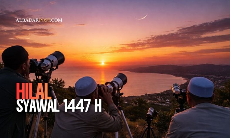 Ilustrasi pengamatan hilal di ufuk barat saat matahari terbenam menjelang penentuan awal Syawal 1447 H